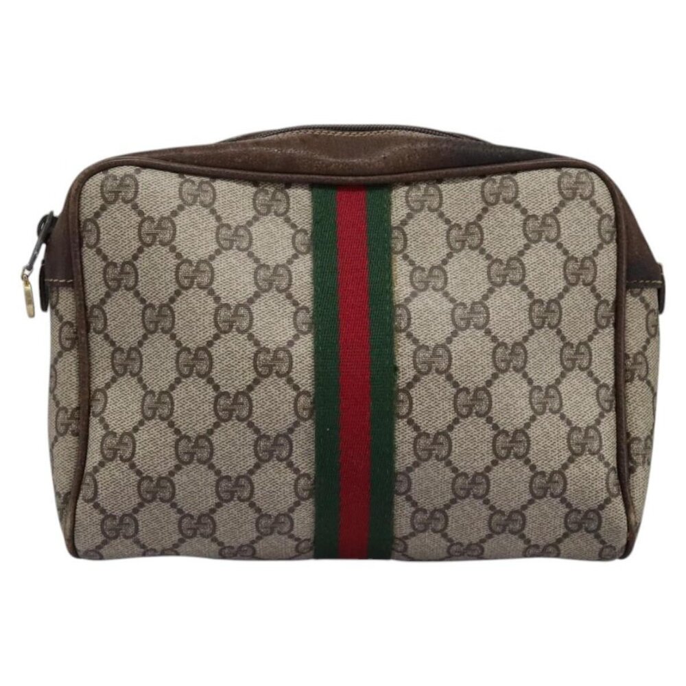 GUCCI GG Supreme Web Sherry Line Clutch Bag PVC Beige Red Green Auth - Picture 2 of 16